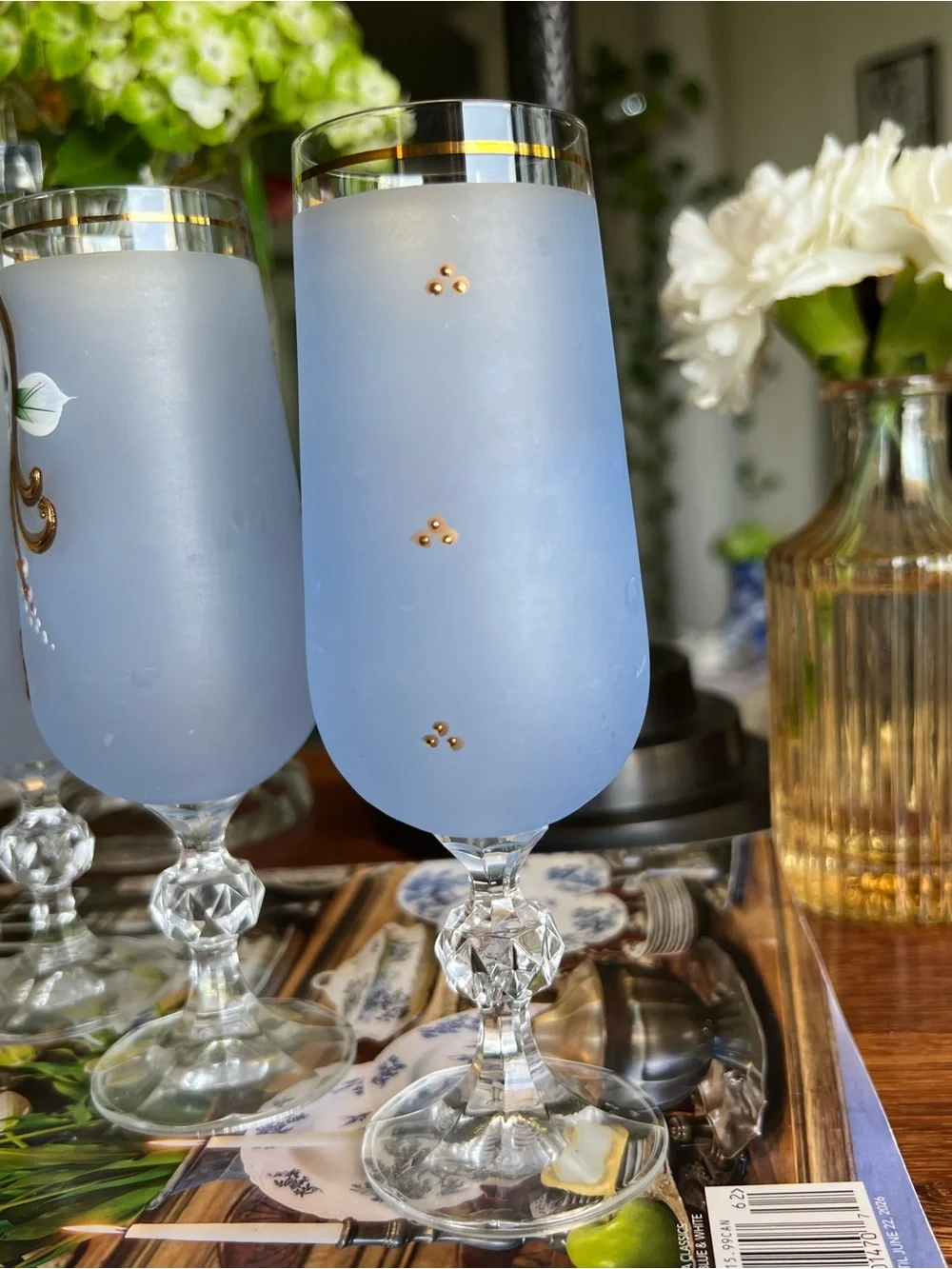 Vtg Czech Crystal Blue Frosted Floral Champagne Glasses - Set of 4
